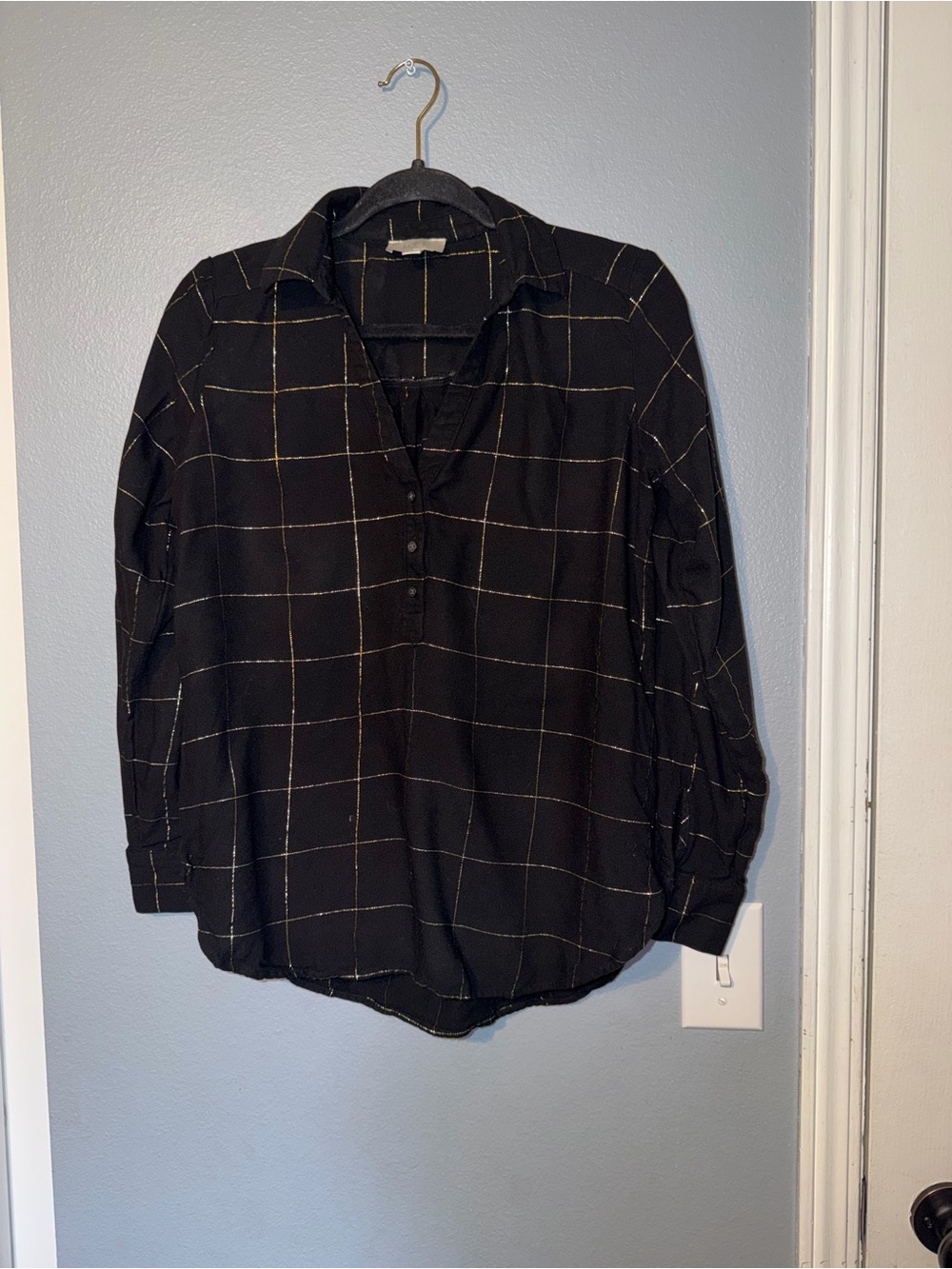 LOFT Black Windowpane Popover Shirt with Subtle Grid